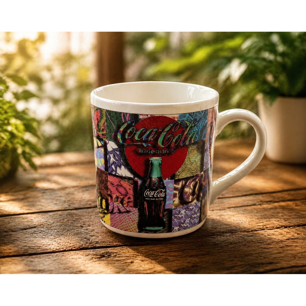 Vintage 1997 Coca-Cola Gibson Housewares Ceramic Coffee Mug Collage Design 12oz